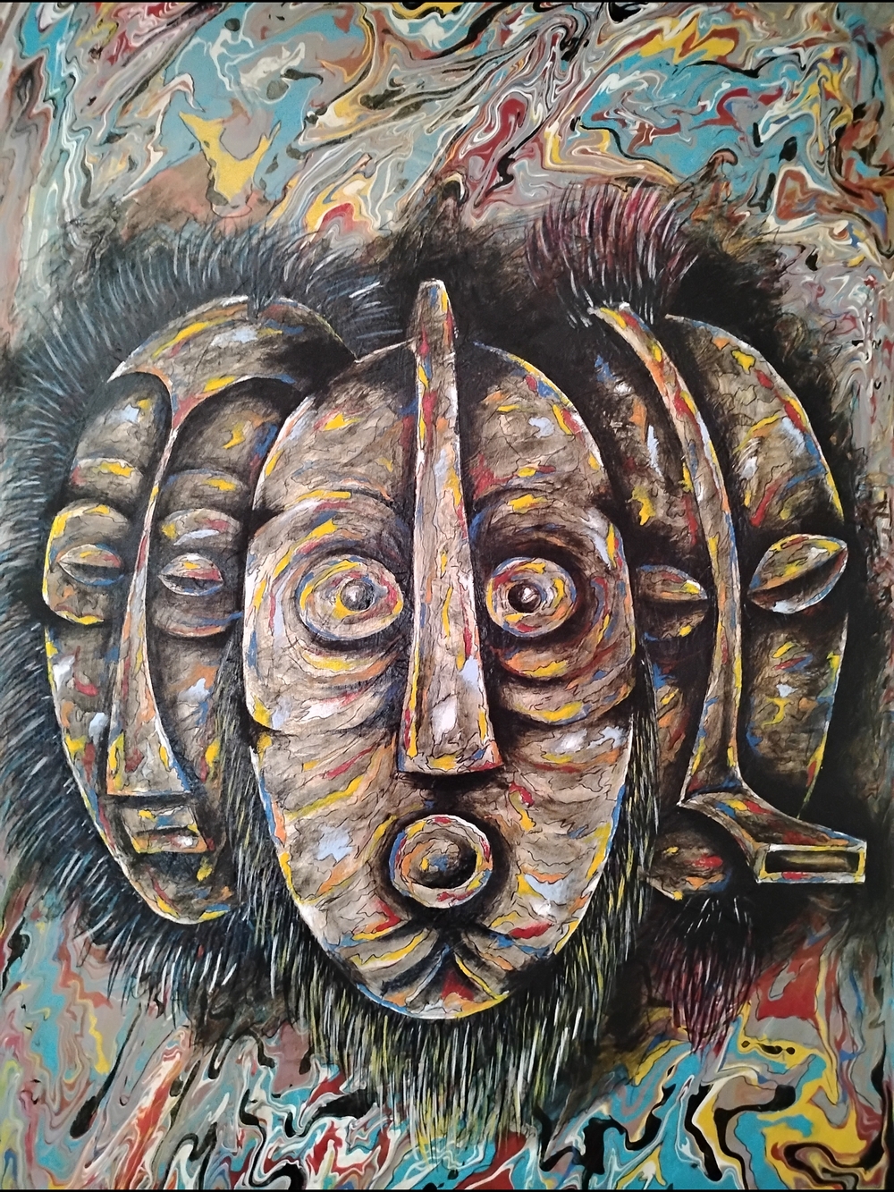 Abstract Tribal Mask Wall Art - Multicolor